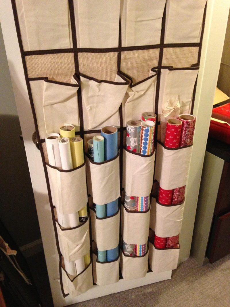 Turn a shoe organizer into a wrapping paper holder.