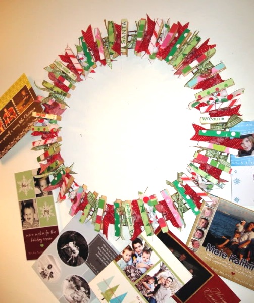 Colorful clothespin wreath for Christmas.