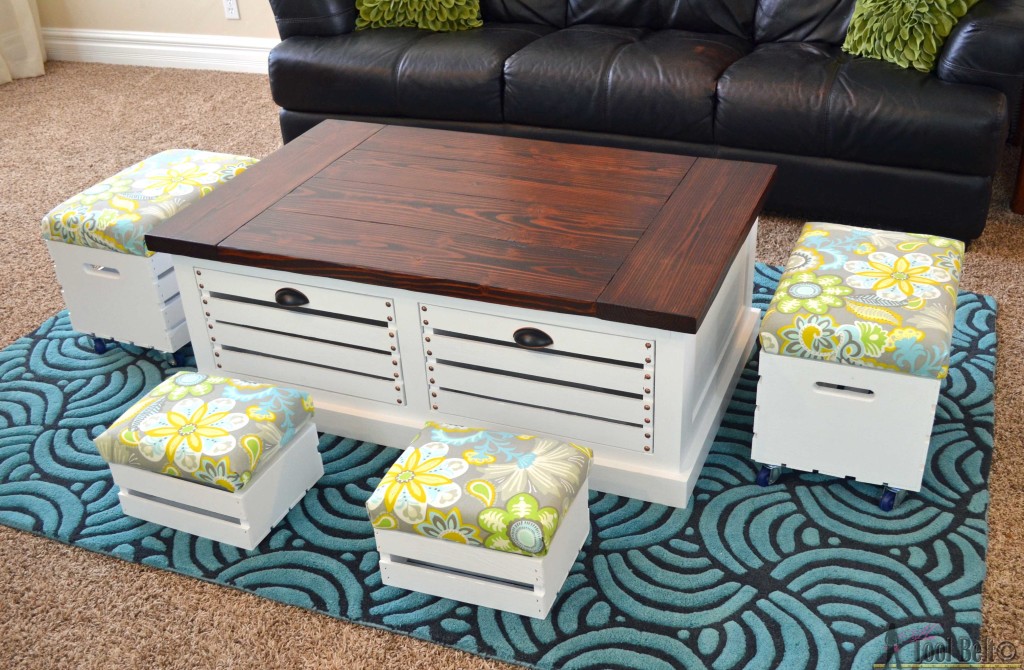 Crate Storage Coffee Table and Stools.