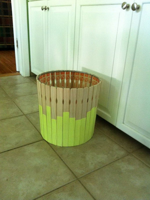 DIY Paint Stick Trash Can.