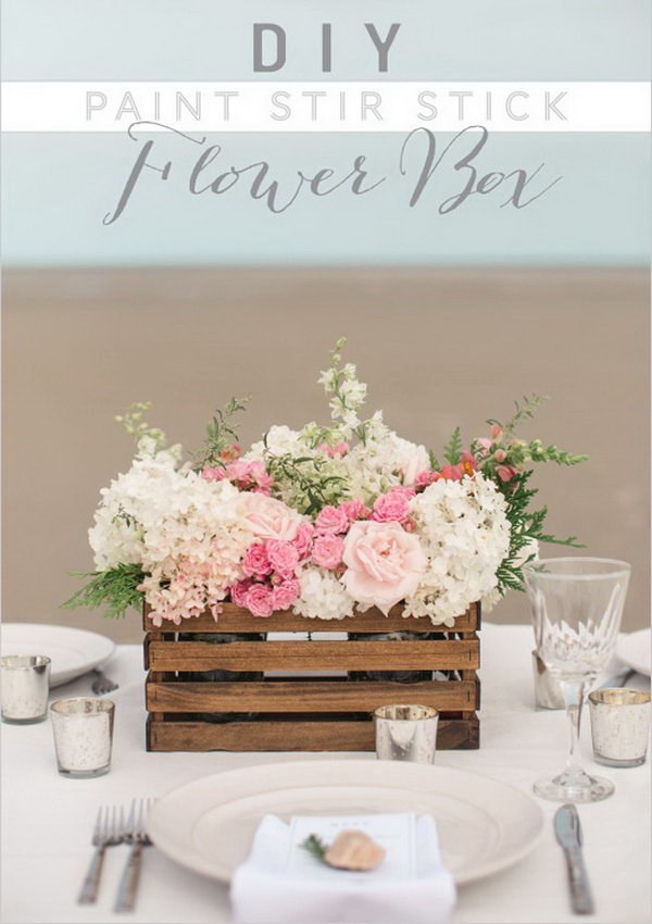 DIY Paint Stir Stick Flower Box Used as Centerpiece.