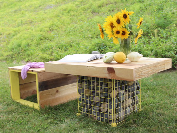 DIY Pallet Wood Bench and Gabion Table.