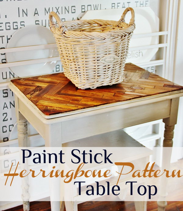 Herringbone Paint Stick Pattern Table Top.