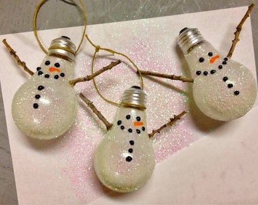 Old light bulbs decorated as snowman.