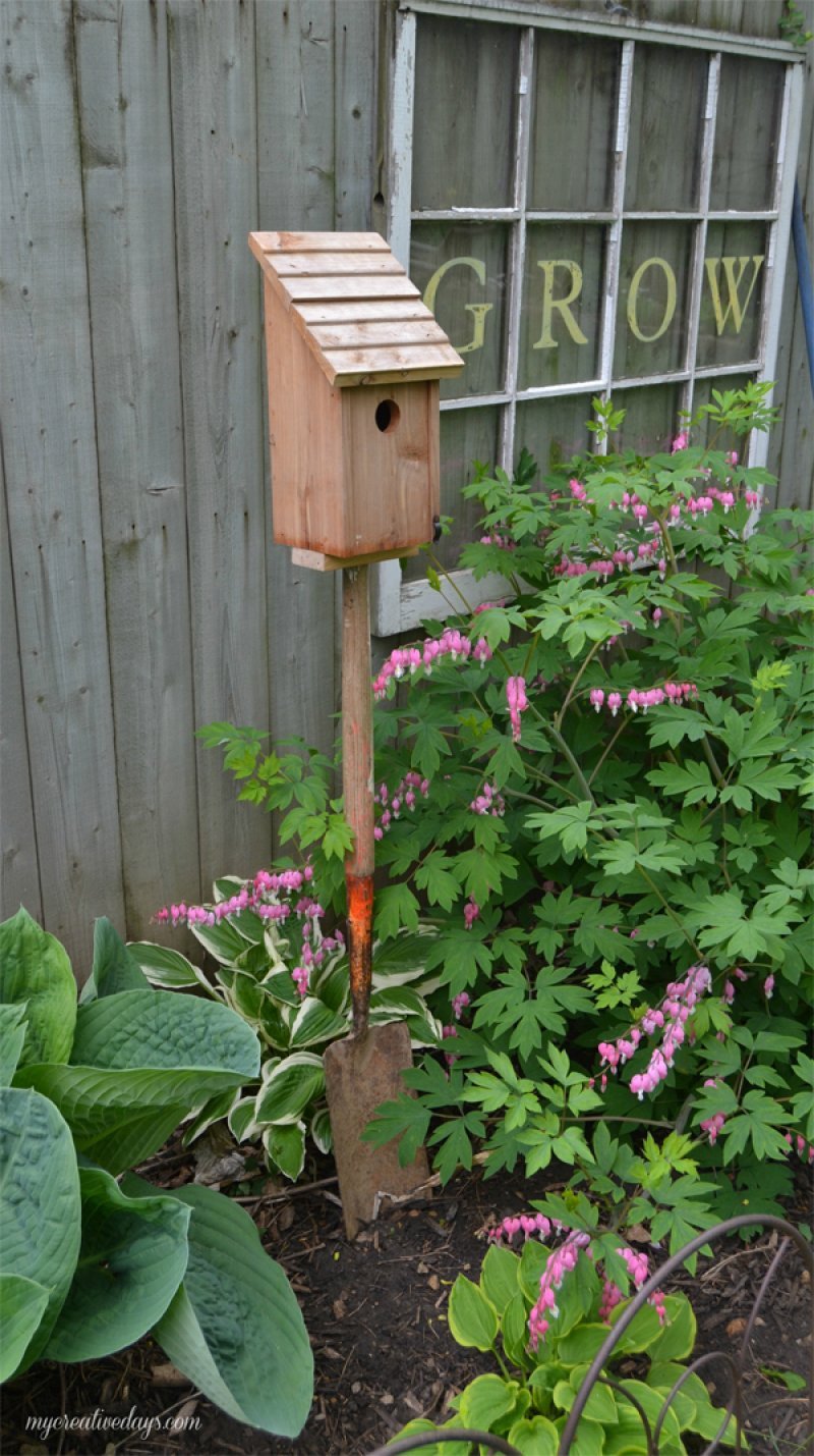 Old shovel bird house stand.