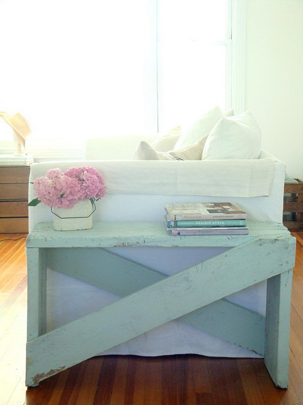 Pale Aqua End Table Made out of 5 Boards.