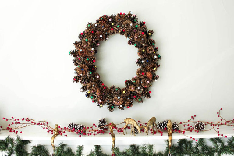 Pine Cone Wreath with Pom Poms.