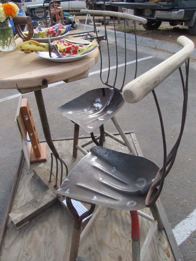 Repurposed garden tool table and chairs.