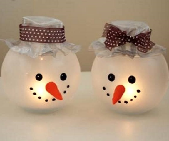 Round glass jar decorated as snowman.