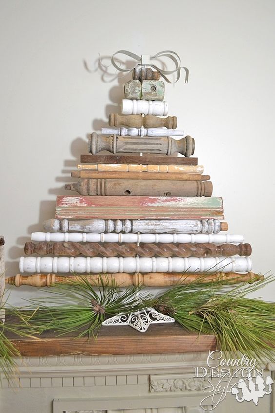 Rustic vintage style Christmas tree made from old spindles.