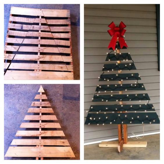 Simple pallet tree painter in green and decorated with lights.
