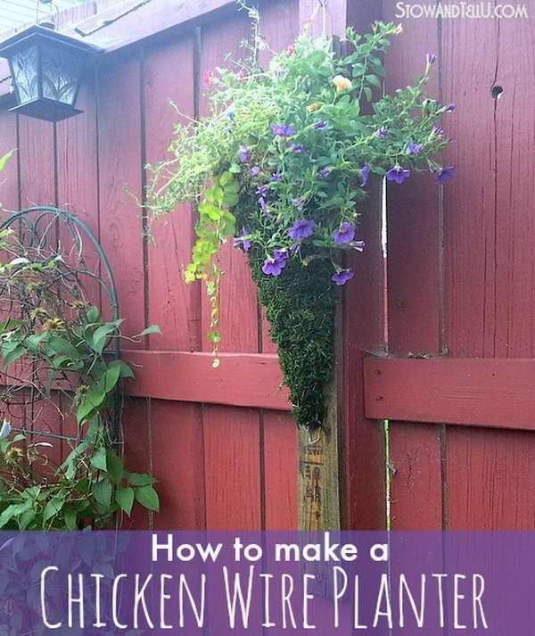 Vertical Chicken Wire Planter on Pallet Wood.