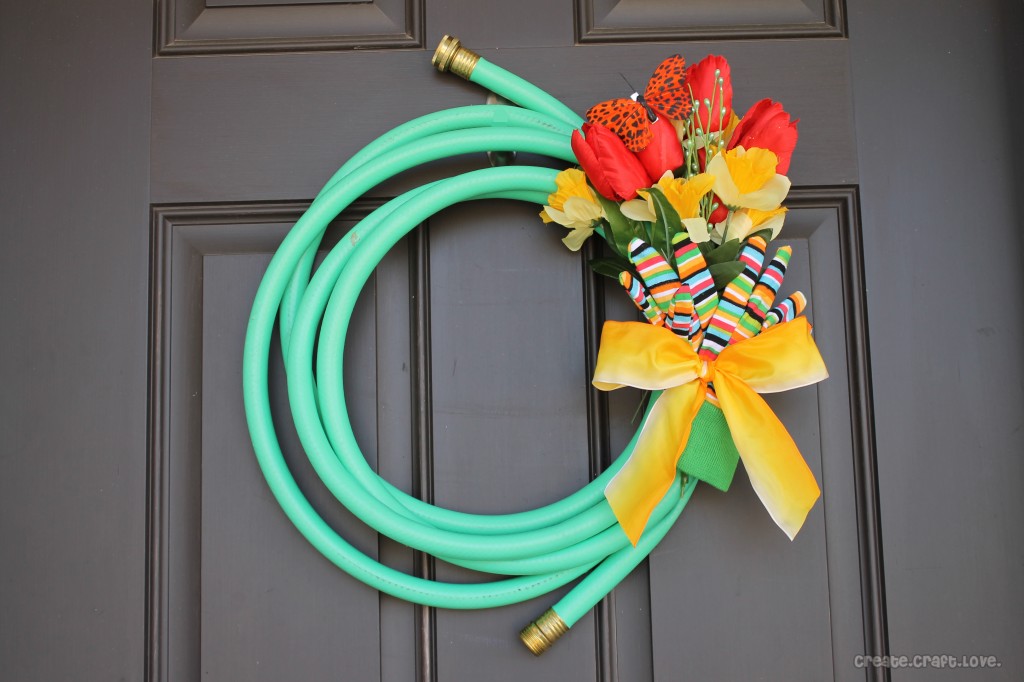 Wreath made from garden hose.