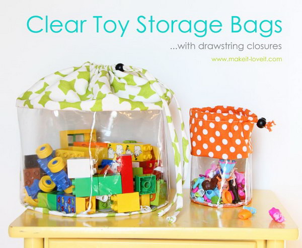 Clear Toy Storage Bags with drawstring closure.