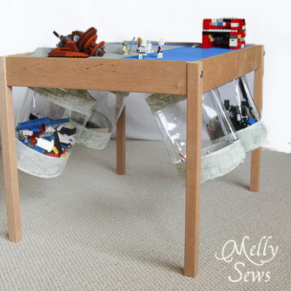 Hold The Fabric Storage Bucket Under The Table For Easy Clean Up.