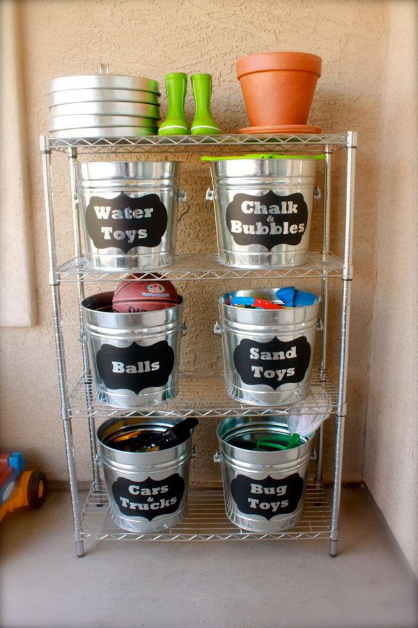 Organize Outside Toys With These Labeled Buckets.