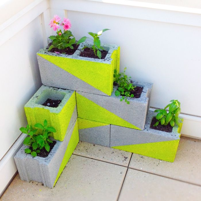 Painted and stacked cinderblocks.