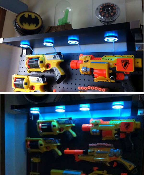 This Nerf Gun Display Case is Perfect for a Boy’s Room.