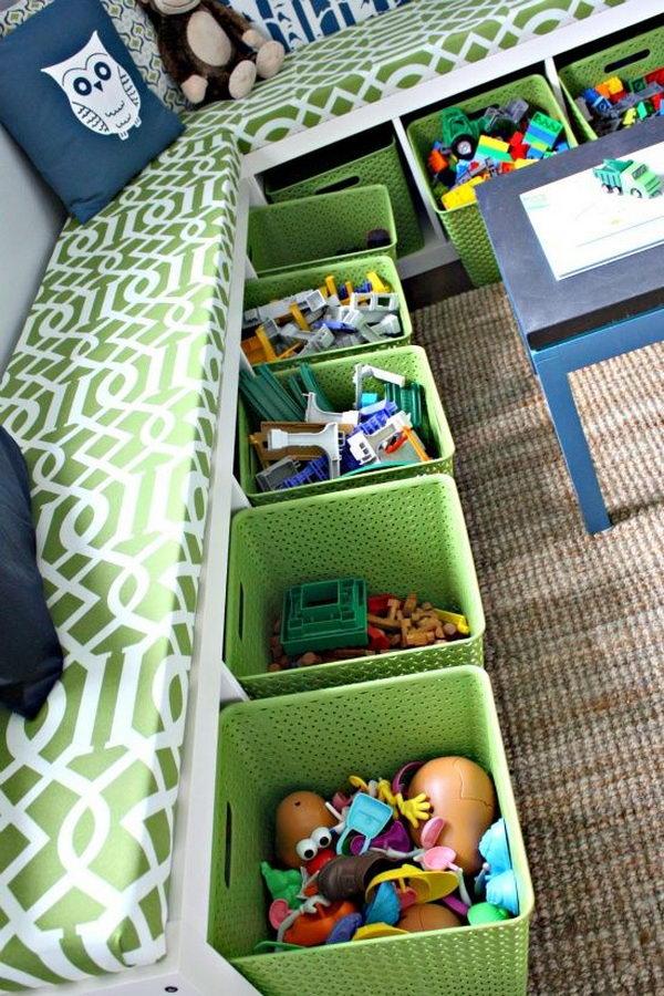 Turn Two iKea EXPEDIT Bookshelves into Storage Bench.