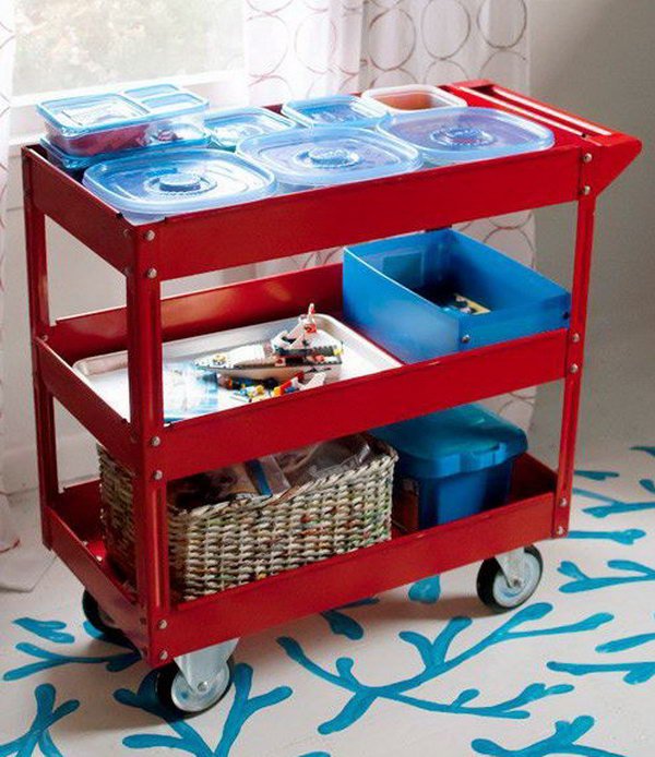 Use A Three Shelf Steel Service Cart To Store Toys And Craft Projects In Progress.