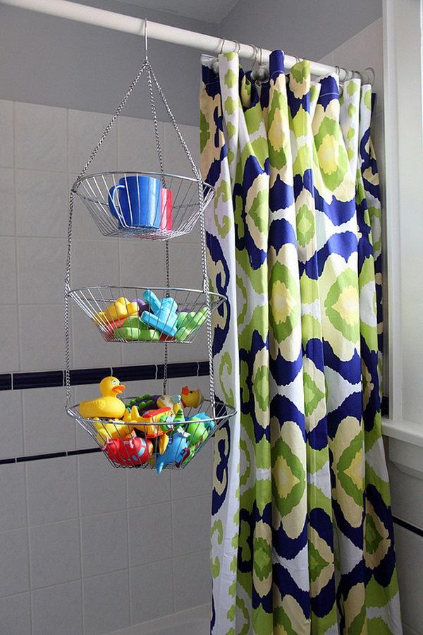 Use Hanging Fruit Baskets In Bathroom For Easy Access.