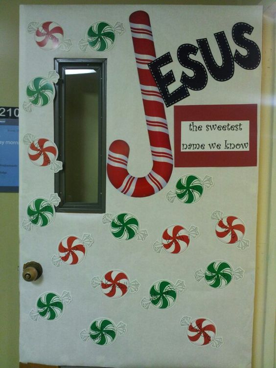 Candy cane classroom door decor.