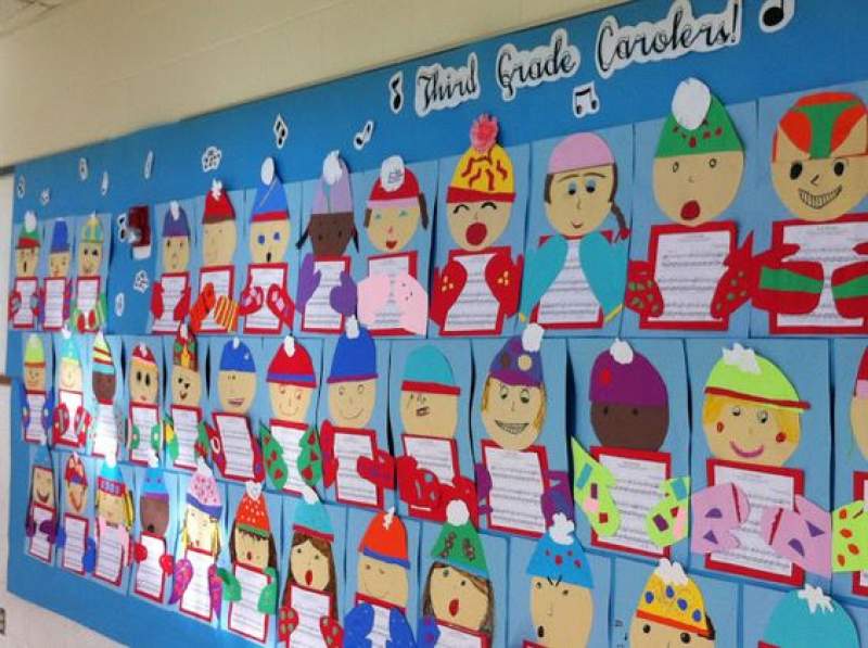 Classroom Christmas decor using paper crafts.