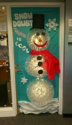 Clear plastic cup snowman with light on classroom door.