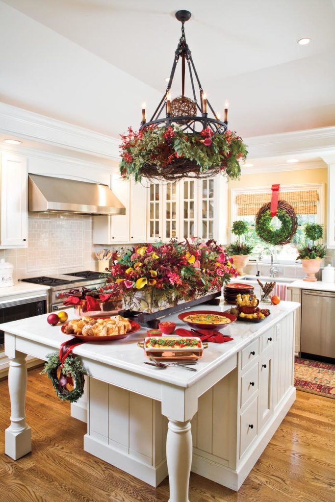 Elegant white kitchen center island southern living christmas decor.