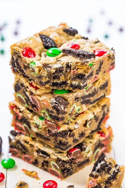 Loaded M&M Oreo Cookie Holiday Bars by Averie Cooks