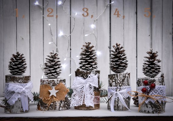 Nordic christmas decorations, scandinavian style cone centerpiece, fircone trees.