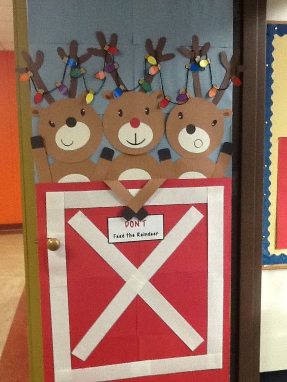 Paper Crafted Reindeers Christmas Decoration For Classroom Door.