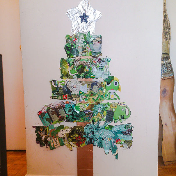 Recycled Holiday Ads Turned Christmas Tree.