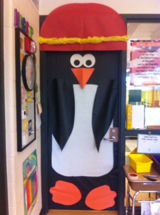 Walk, run, or waddle into winter. Penguin door.