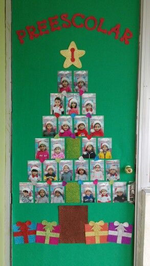 kids Photo Pasted Christmas Tree Classroom Decoration.
