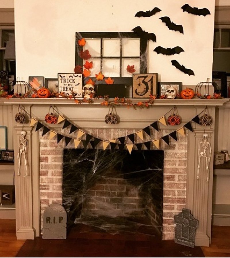 Bat Stickers, Cheese Cloth and Handmade Paper Garland Mantel.