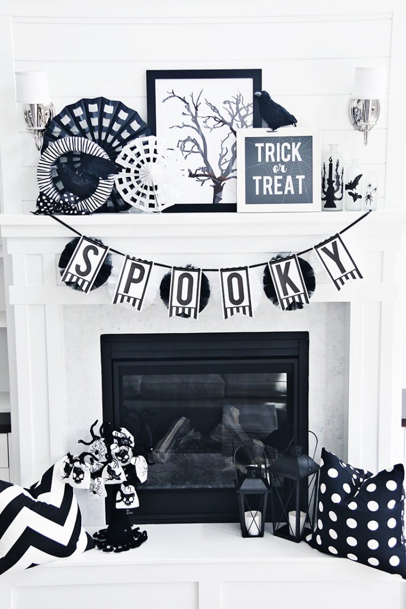 Classic Black and White Halloween Mantel.