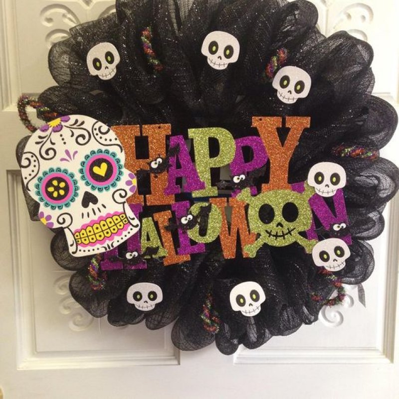 DIY Burlap Wreath with Wish and Funky Skulls.