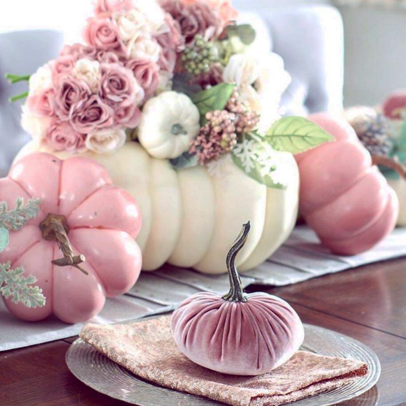 Decoration of Pumpkins in Pastel colors for table.