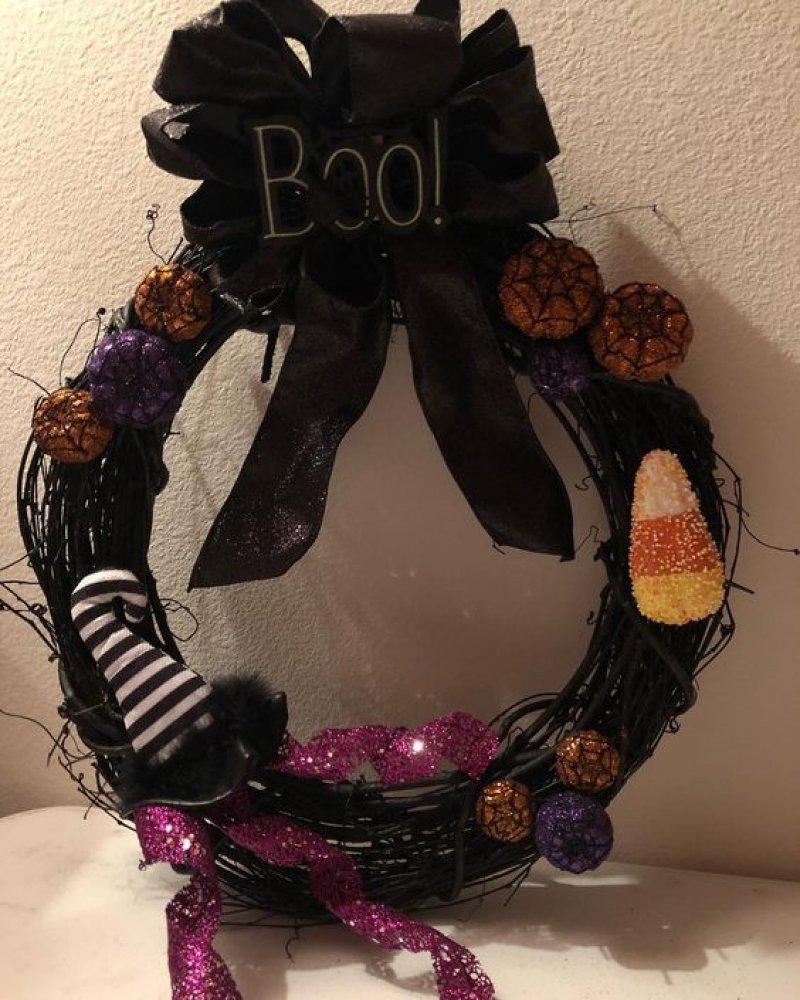 Ghastly Grapevine Wreath with Witch Hat Boo Bow and Pumpkin.