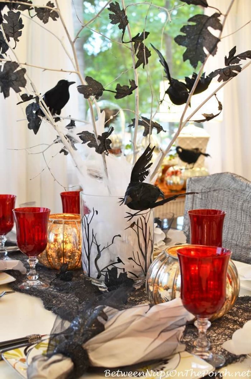 Halloween Tablescape with a Crow Tree Centerpiece.