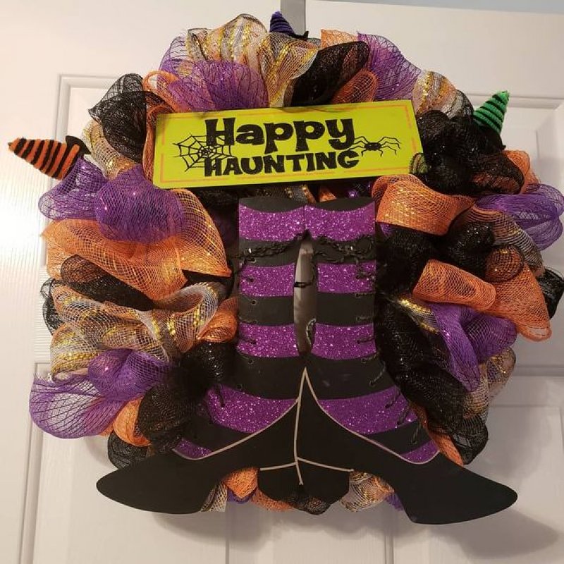 Haunting Witch Legs Hats Decorated Burlap Wreath.