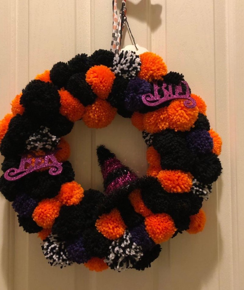Orange and Black Pom Pom Balls Crafted Wreath for Door.