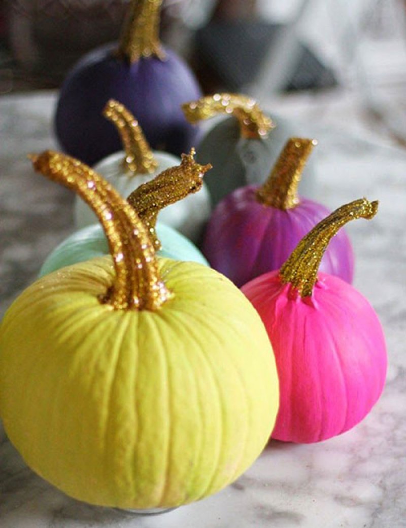 Painted Pumpkins with Glittered Stems.