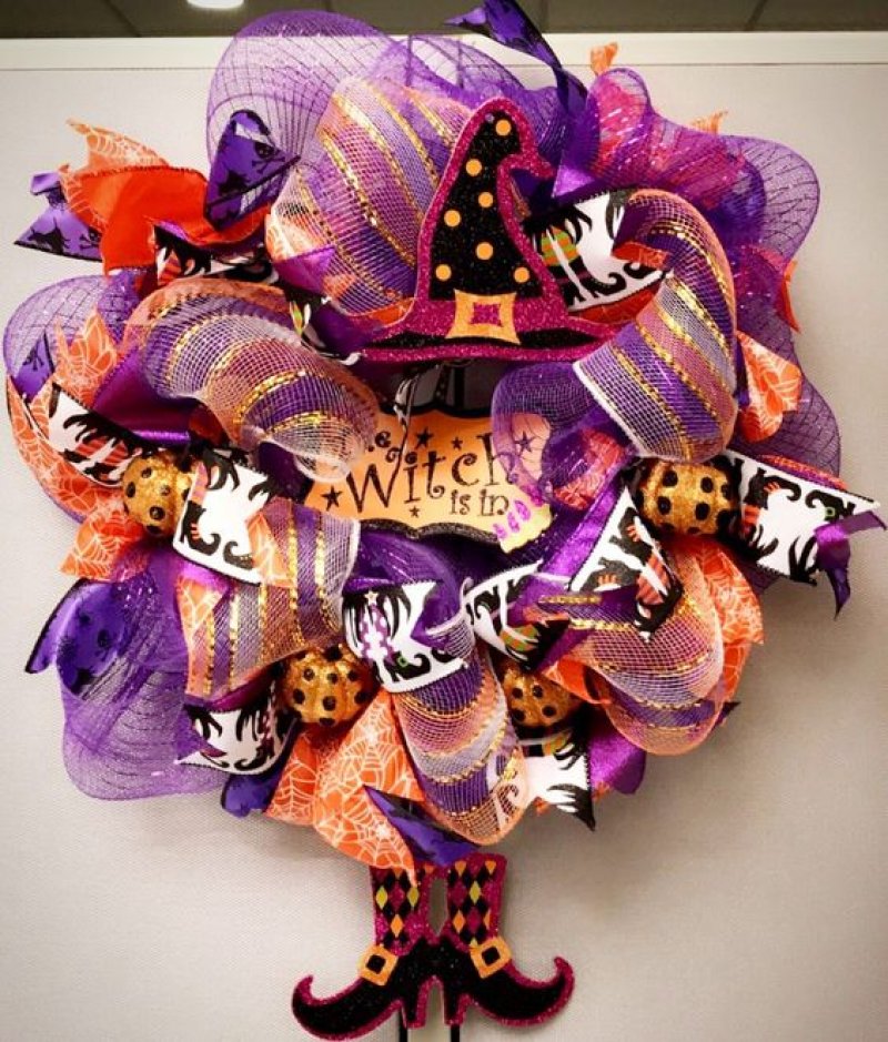 Purple and Orange Ribbon Crafted Wreath with Witch Legs.