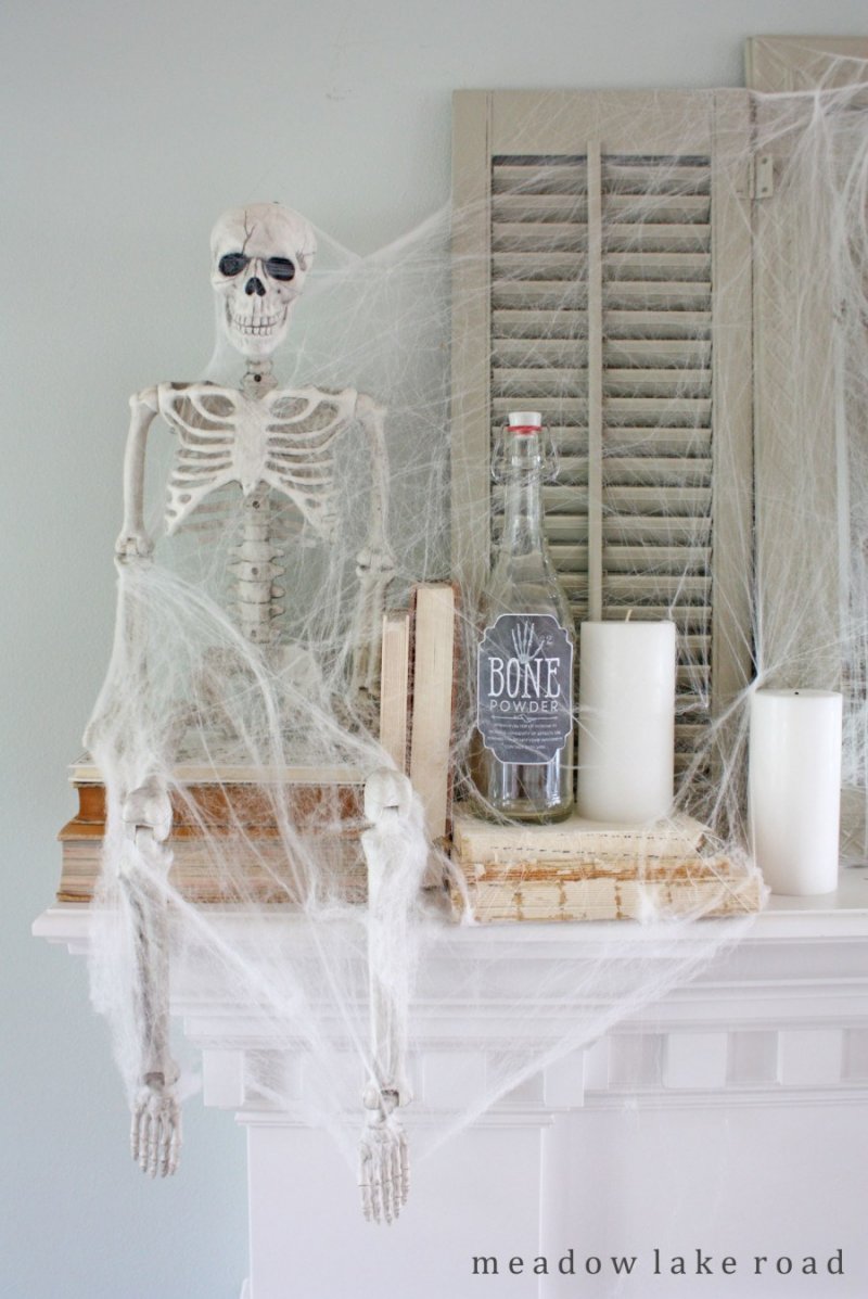 Skeleton and Cobwebs Halloween Decor.