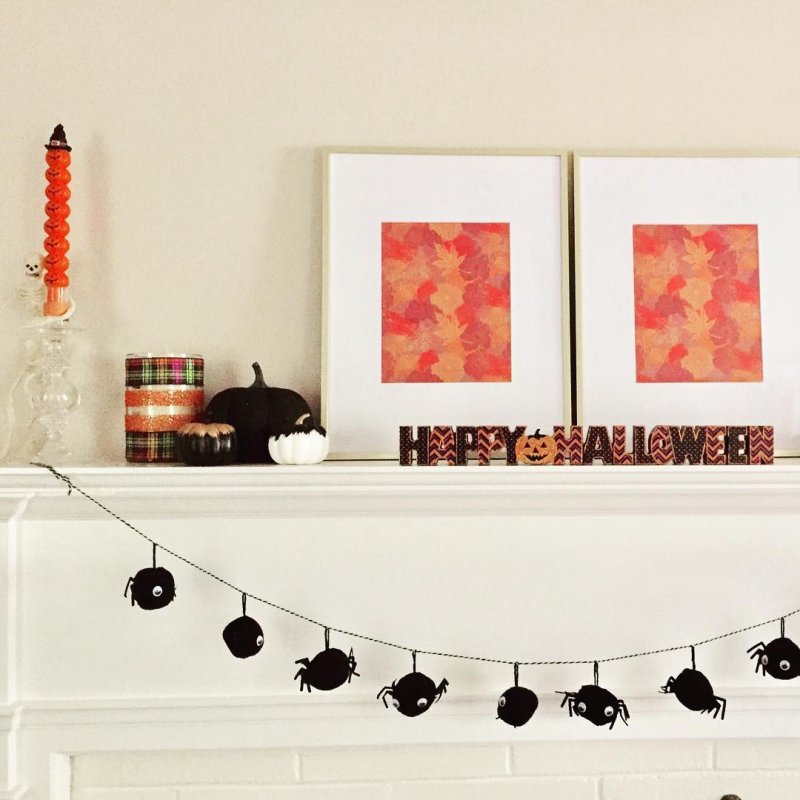 Spider Garland and Other Simple Props Used to Decorate Mantel.