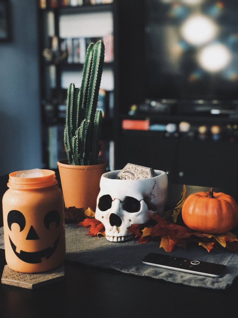 Tiny halloween decor on coffee table