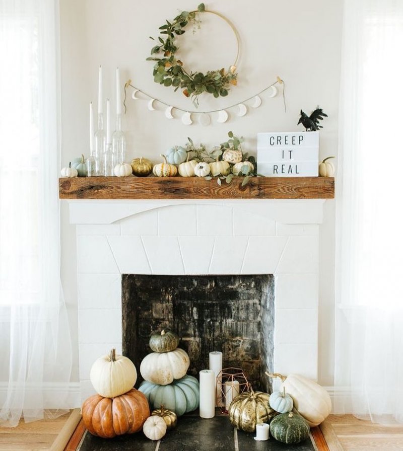 White Farmhouse Mantel Decoration for Halloween.