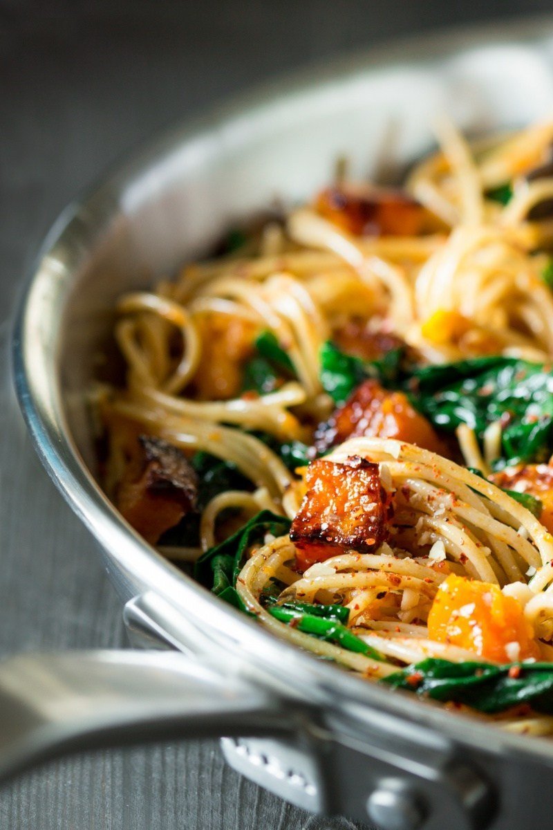 Pumpkin, Spinach and Walnut Spaghetti